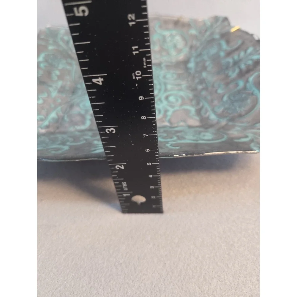 Vintage Turkish Art Glass Platter Square Reverse Painted Turquoise Silver 11